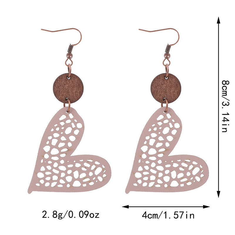 Wholesale Valentine's Day Love Wood Chip Hollow Mesh Leather Earrings